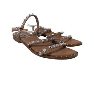 Steve Madden Travel Studded Flat Sandals Women 7.5 Tan Gladiator Pyramid Boho